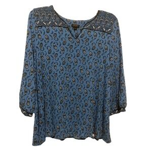 J Jill Women M Wearever Yoke Blouse Top Shirt Paisley Floral Blue Rayon